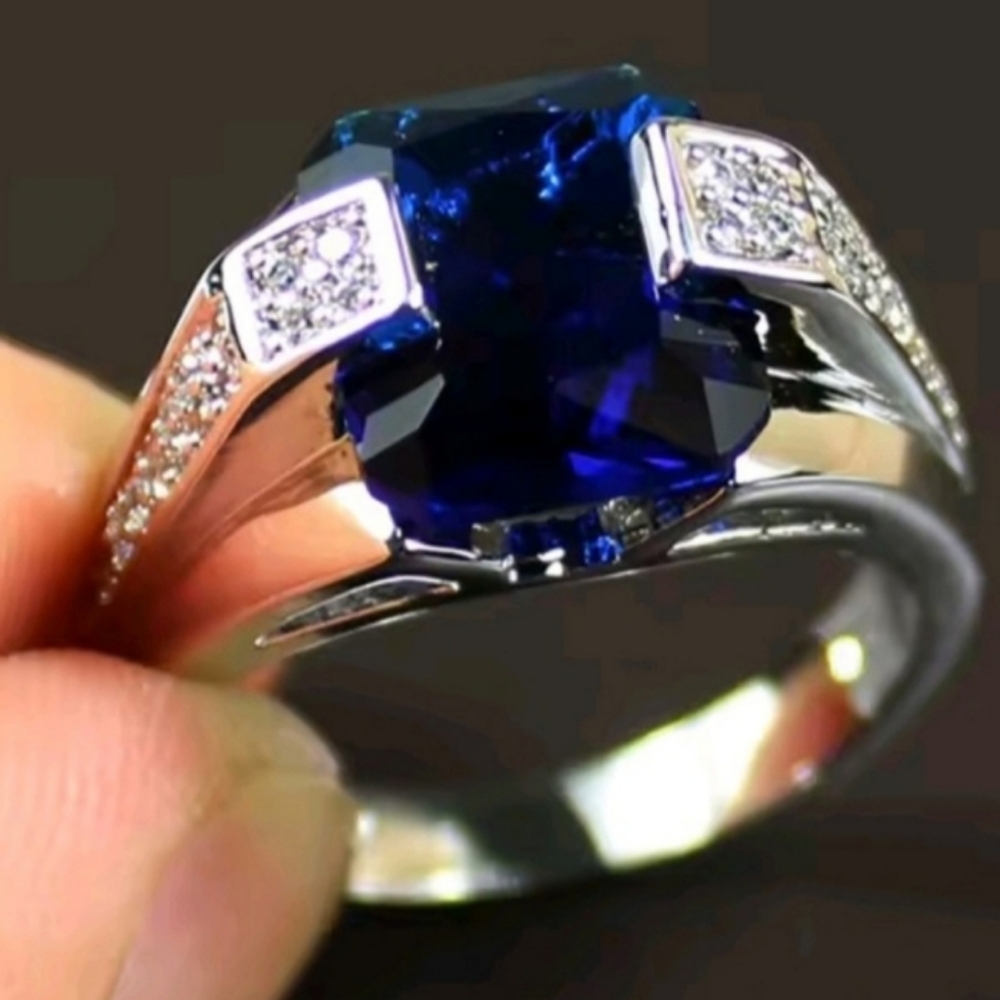 Deep Blue Sapphire 925 Sterling Silver Mens Ring